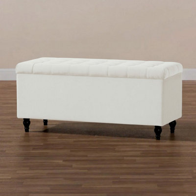  - 90Cm Cubed Upholstered Ottoman Storage Box White Plush Velvet Multifunctional Blanket Storage Box With Wooden Legs