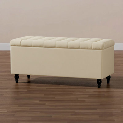  - 120Cm Cubed Upholstered Ottoman Storage Box Cream Plush Velvet Multifunctional Blanket Storage Box With Wooden Legs