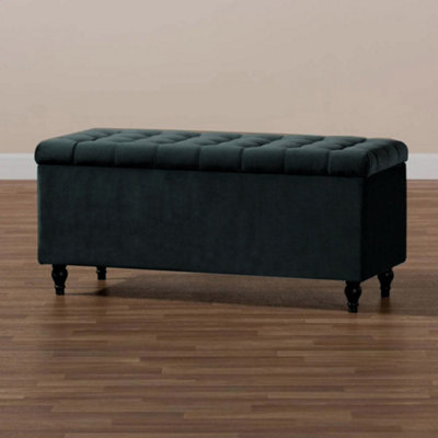  - 120Cm Cubed Upholstered Ottoman Storage Box Black Plush Velvet Multifunctional Blanket Storage Box With Wooden Legs