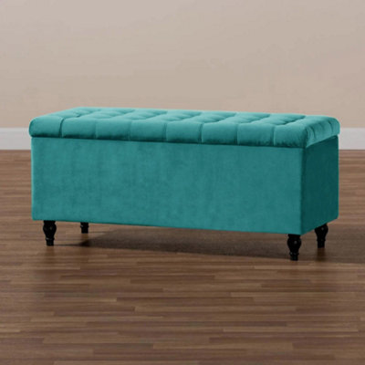  - 180Cm Cubed Upholstered Ottoman Storage Box Teal Plush Velvet Multifunctional Blanket Storage Box With Wooden Legs