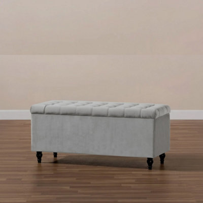  - 180Cm Cubed Upholstered Ottoman Storage Box Silver Plush Velvet Multifunctional Blanket Storage Box With Wooden Legs