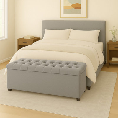 90Cm Chesterfield Plush Velvet Silver Upholstered Storage Ottoman BenchDeep Tufted Lid & Wooden Leg from B&Q