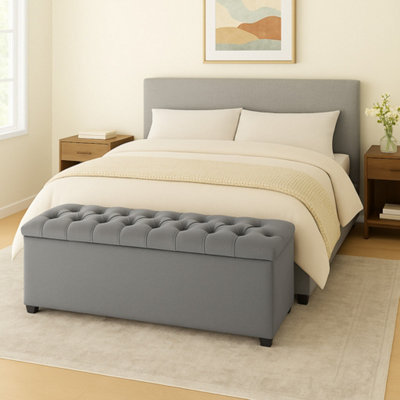 90Cm Chesterfield Plush Velvet Grey Upholstered Storage Ottoman BenchDeep Tufted Lid & Wooden Leg from B&Q