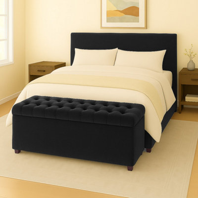 90Cm Chesterfield Plush Velvet Black Upholstered Storage Ottoman BenchDeep Tufted Lid & Wooden Leg from B&Q