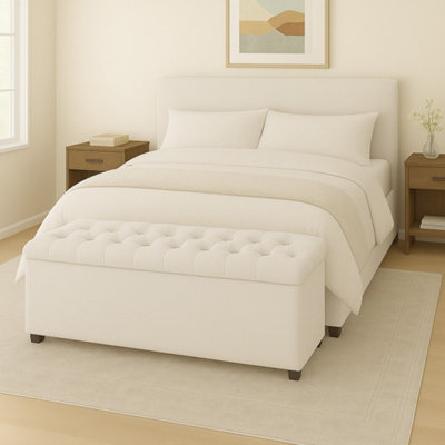 120Cm Chesterfield Plush Velvet White Upholstered Storage Ottoman BenchDeep Tufted Lid & Wooden Leg from B&Q
