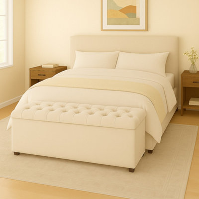 137Cm Chesterfield Plush Velvet Cream Upholstered Storage Ottoman BenchDeep Tufted Lid & Wooden Leg from B&Q