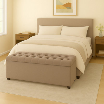 150Cm Chesterfield Plush Velvet Mink Upholstered Storage Ottoman BenchDeep Tufted Lid & Wooden Leg from B&Q