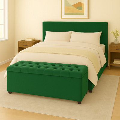  - 150Cm Chesterfield Plush Velvet Forest Green Upholstered Storage Ottoman BenchDeep Tufted Lid & Wooden Leg
