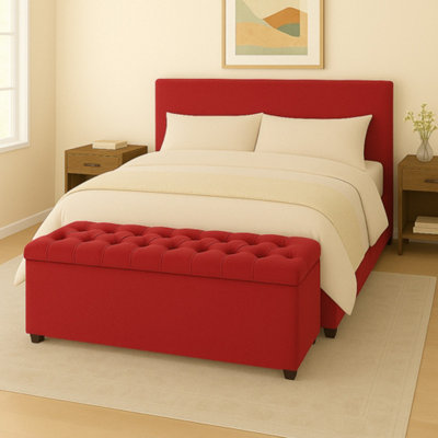 150Cm Chesterfield Plush Velvet Red Upholstered Storage Ottoman BenchDeep Tufted Lid & Wooden Leg from B&Q