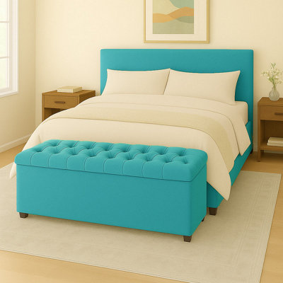 180Cm Chesterfield Plush Velvet Teal Upholstered Storage Ottoman BenchDeep Tufted Lid & Wooden Leg from B&Q