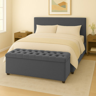 180Cm Chesterfield Plush Velvet Steel Grey Upholstered Storage Ottoman BenchDeep Tufted Lid & Wooden Leg from B&Q
