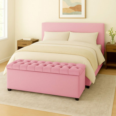 180Cm Chesterfield Plush Velvet Pink Upholstered Storage Ottoman BenchDeep Tufted Lid & Wooden Leg from B&Q