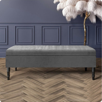 - 90Cm Safar Plain Ottoman Storage Bench -Naples Shoes Bench With Black Turned Wooden LegsDark Grey Upholstery Footstool Storage