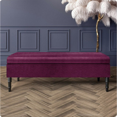  - 90Cm Safar Plain Ottoman Storage Bench -Naples Shoes Bench With Black Turned Wooden LegsPurple Upholstery Footstool Storage
