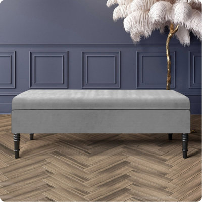  - 120Cm Safar Plain Ottoman Storage Bench -Naples Shoes Bench With Black Turned Wooden LegsGrey Upholstery Footstool Storage