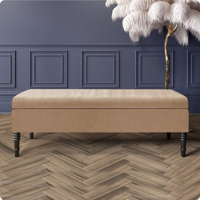 - 120Cm Safar Plain Ottoman Storage Bench -Naples Shoes Bench With Black Turned Wooden LegsBeige Upholstery Footstool Storage