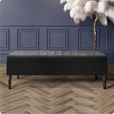  - 137Cm Safar Plain Ottoman Storage Bench -Naples Shoes Bench With Black Turned Wooden LegsBlack Upholstery Footstool Storage