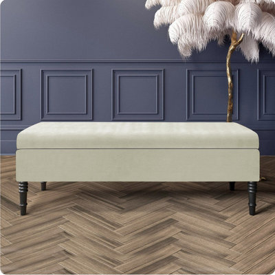  - 137Cm Safar Plain Ottoman Storage Bench -Naples Shoes Bench With Black Turned Wooden LegsCream Upholstery Footstool Storage