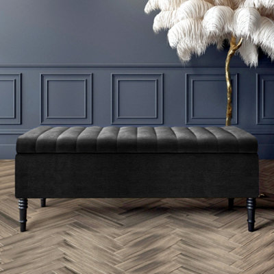  - 90Cm Paris Striped Ottoman Storage Bench -Upholstered Shoes Bench With Black Turned Wooden LegsBlack Naple Ottoman Bench