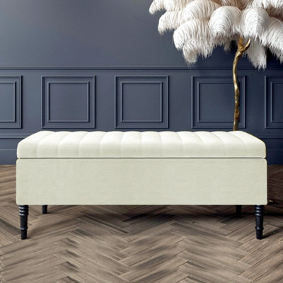  - 90Cm Paris Striped Ottoman Storage Bench -Upholstered Shoes Bench With Black Turned Wooden LegsCream Naple Ottoman Bench