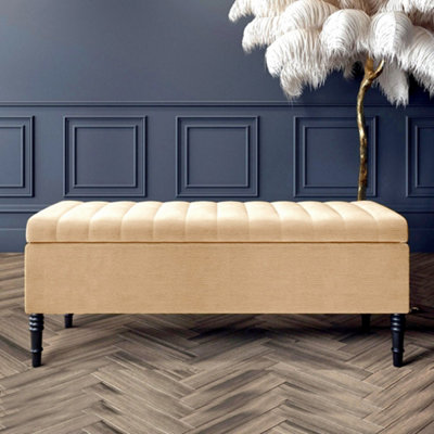  - 90Cm Paris Striped Ottoman Storage Bench -Upholstered Shoes Bench With Black Turned Wooden LegsBeige Naple Ottoman Bench