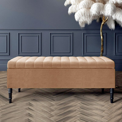  - 90Cm Paris Striped Ottoman Storage Bench -Upholstered Shoes Bench With Black Turned Wooden LegsBrown Naple Ottoman Bench