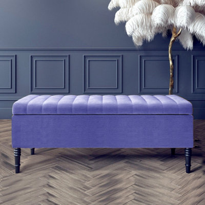  - 90Cm Paris Striped Ottoman Storage Bench -Upholstered Shoes Bench With Black Turned Wooden LegsBlue Naple Ottoman Bench