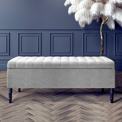  - 137Cm Paris Striped Ottoman Storage Bench -Upholstered Shoes Bench With Black Turned Wooden LegsGrey Naple Ottoman Bench