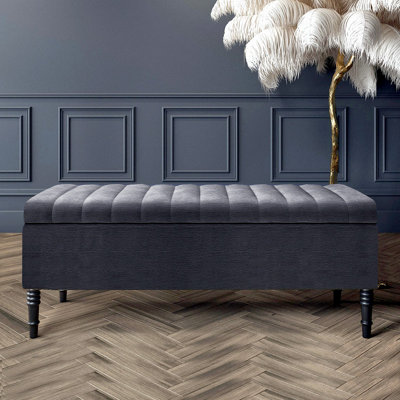  - 137Cm Paris Striped Ottoman Storage Bench -Upholstered Shoes Bench With Black Turned Wooden LegsCharcoal Naple Ottoman Bench