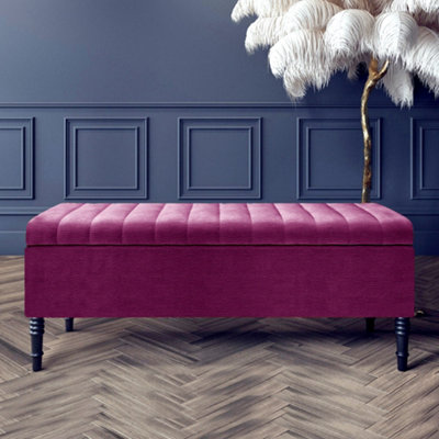  - 137Cm Paris Striped Ottoman Storage Bench -Upholstered Shoes Bench With Black Turned Wooden LegsPurple Naple Ottoman Bench