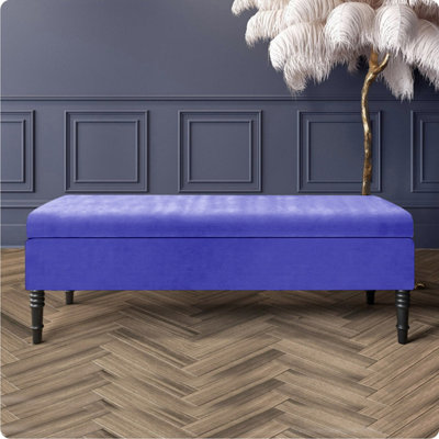  - 137Cm Safar Plain Ottoman Storage Bench -Naples Shoes Bench With Black Turned Wooden LegsBlue Upholstery Footstool Storage