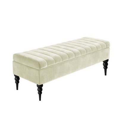  - 120Cm Sierra Striped Naples Upholstered Ottoman Storage Bench With Black Turned Wooden LegsCream Shoes Storage Bench
