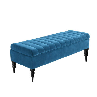  - 150Cm Sierra Striped Naples Upholstered Ottoman Storage Bench With Black Turned Wooden LegsBlue Shoes Storage Bench