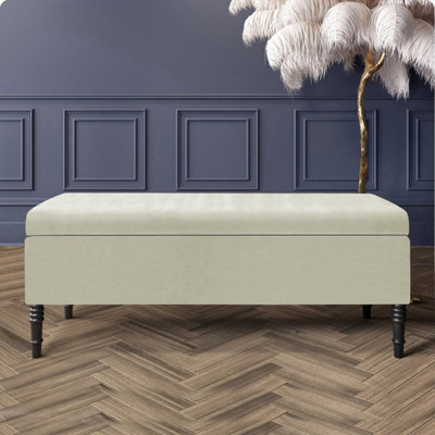  - 90Cm Paris Plain Ottoman Storage Bench -Naples Shoes Bench With Black Turned Wooden LegsCream Upholstery Storage Footstool
