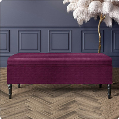  - 90Cm Paris Plain Ottoman Storage Bench -Naples Shoes Bench With Black Turned Wooden LegsPurple Upholstery Storage Footstool