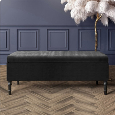  - 150Cm Paris Plain Ottoman Storage Bench -Naples Shoes Bench With Black Turned Wooden LegsBlack Upholstery Storage Footstool