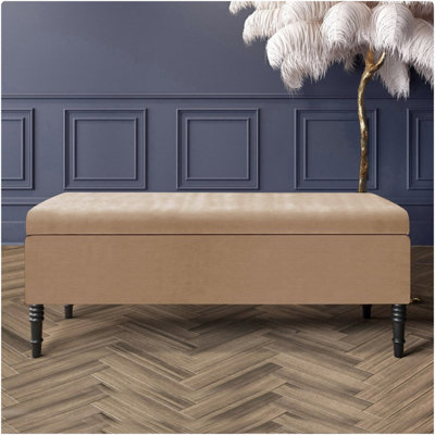  - 150Cm Paris Plain Ottoman Storage Bench -Naples Shoes Bench With Black Turned Wooden LegsBeige Upholstery Storage Footstool