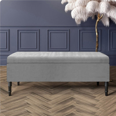  - 180Cm Paris Plain Ottoman Storage Bench -Naples Shoes Bench With Black Turned Wooden LegsGrey Upholstery Storage Footstool