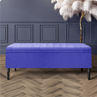  - 180Cm Paris Plain Ottoman Storage Bench -Naples Shoes Bench With Black Turned Wooden LegsBlue Upholstery Storage Footstool
