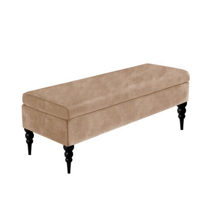  - 90Cm Safar Plain Ottoman Storage Bench -Upholstered Shoes Bench With Black Turned Wooden LegsBeige Naple Ottoman Bench