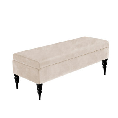  - 120Cm Safar Plain Ottoman Storage Bench -Upholstered Shoes Bench With Black Turned Wooden LegsCream Naple Ottoman Bench