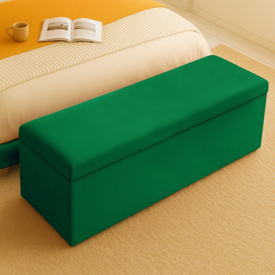  - 90Cm Plush Velvet Upholstered Forest Green Ottoman Storage Box With Plain LidEnd Of Bed Bench / Deep Storage Chest