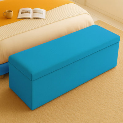  - 90Cm Plush Velvet Upholstered Duck Egg Ottoman Storage Box With Plain LidEnd Of Bed Bench / Deep Storage Chest