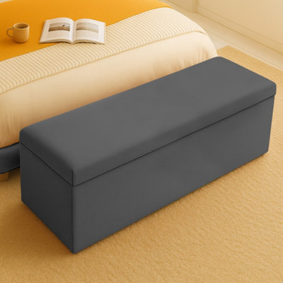  - 137Cm Plush Velvet Upholstered Steel Grey  Ottoman Storage Box With Plain LidEnd Of Bed Bench / Deep Storage Chest