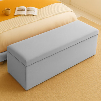  - 137Cm Plush Velvet Upholstered Silver Ottoman Storage Box With Plain LidEnd Of Bed Bench / Deep Storage Chest