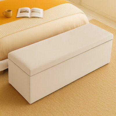  - 150Cm Plush Velvet Upholstered Cream Ottoman Storage Box With Plain LidEnd Of Bed Bench / Deep Storage Chest