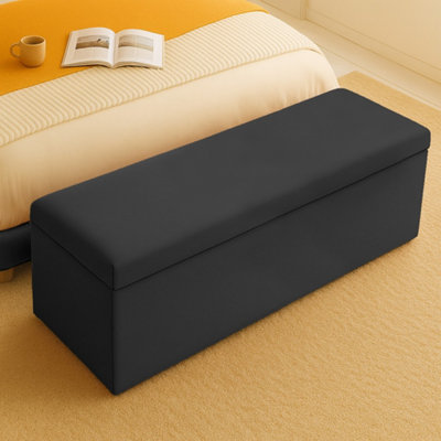  - 180Cm Plush Velvet Upholstered Black Ottoman Storage Box With Plain LidEnd Of Bed Bench / Deep Storage Chest