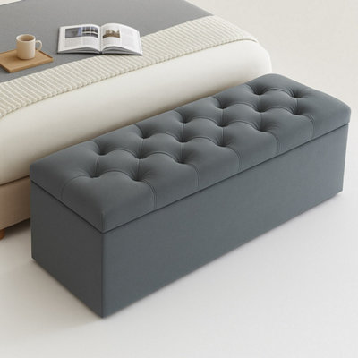  - 90Cm Chesterfield Ottoman Storage BoxSteel Grey Plush Velvet Upholstered Blanket BoxEnd Of Bed BenchDeep Storage Chest