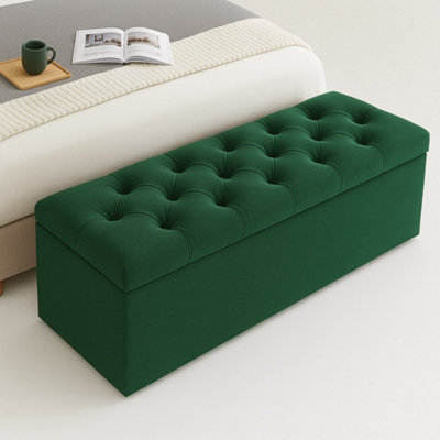  - 90Cm Chesterfield Ottoman Storage BoxForest Green Plush Velvet Upholstered Blanket BoxEnd Of Bed BenchDeep Storage Chest