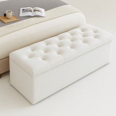  - 120Cm Chesterfield Ottoman Storage BoxWhite Plush Velvet Upholstered Blanket BoxEnd Of Bed BenchDeep Storage Chest